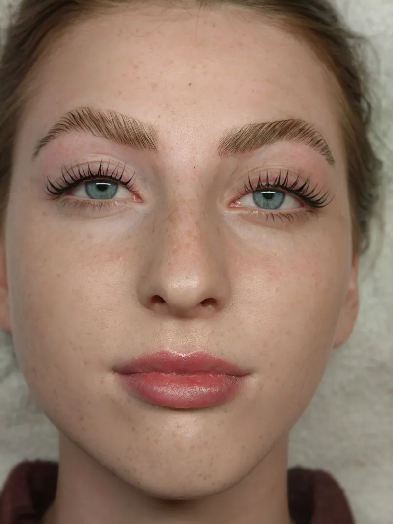 Begge øjne efter lashlift og brow lamination, fyldige bryn og løftede vipper